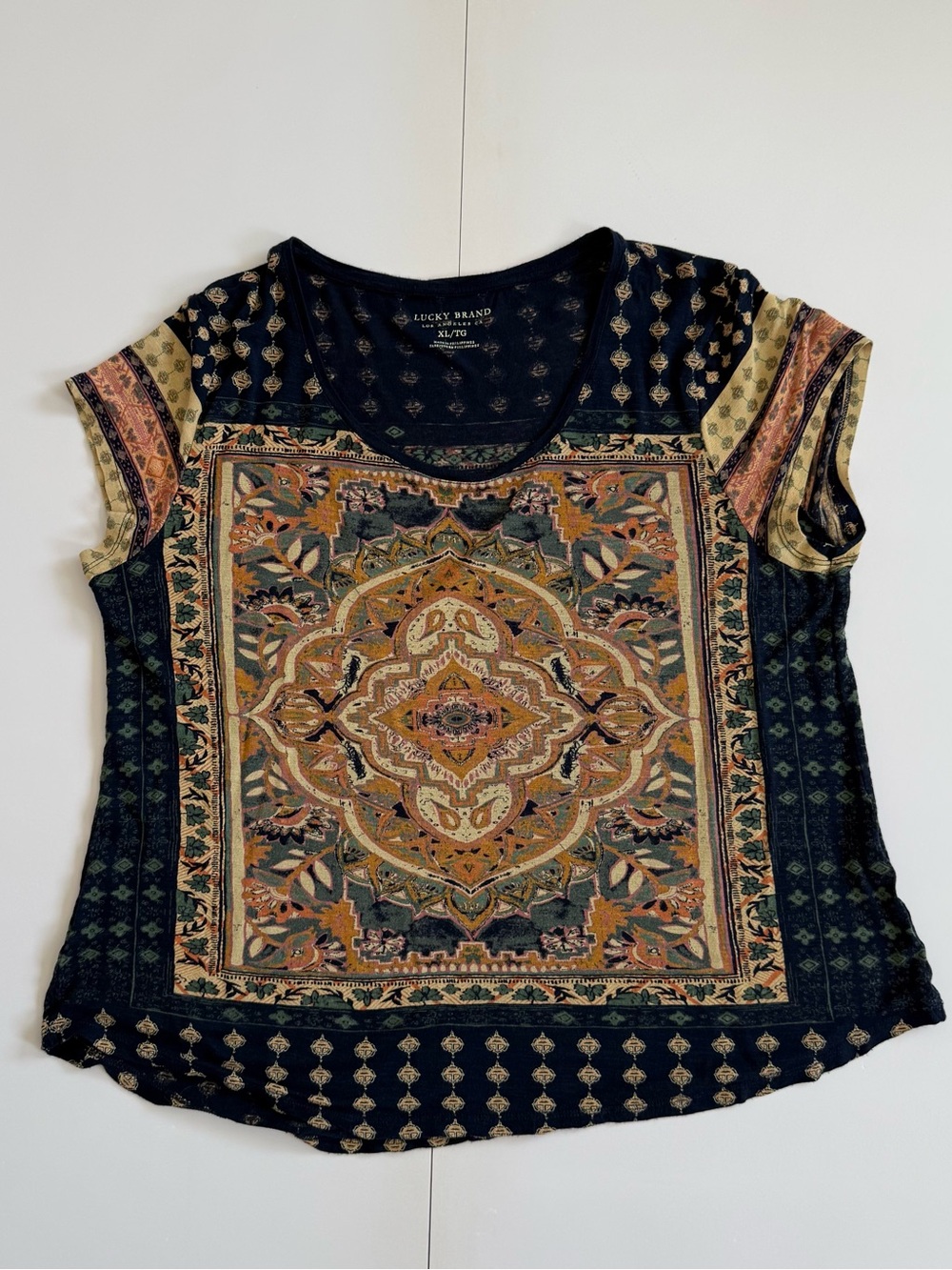 Lucky Brand Cap Sleeve Blouse Womens Sz XL Navy BoHo Geometric Floral Print